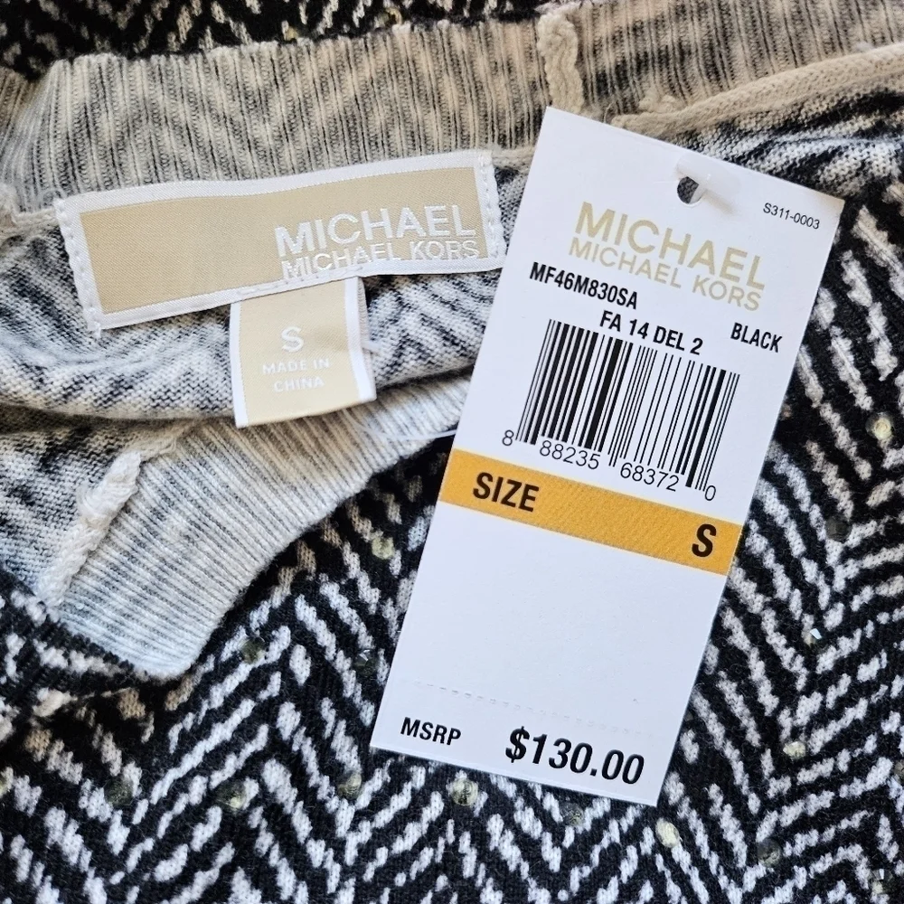 New Michael Kors Crystal Embellished Pullover Crewneck Black/White Sweater Small